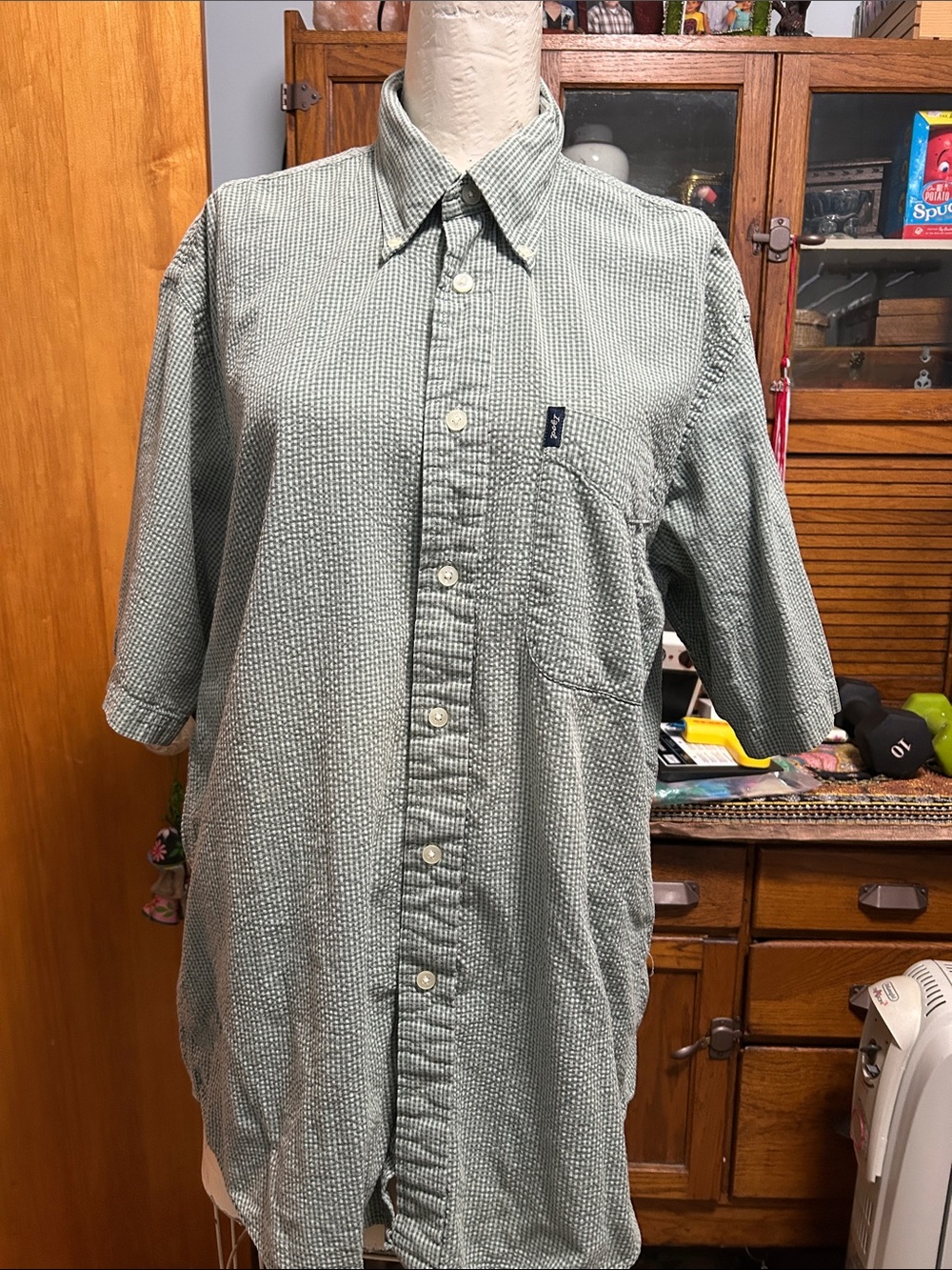 Izod Green Micro-Check Short-Sleeve Button-Down Shirt